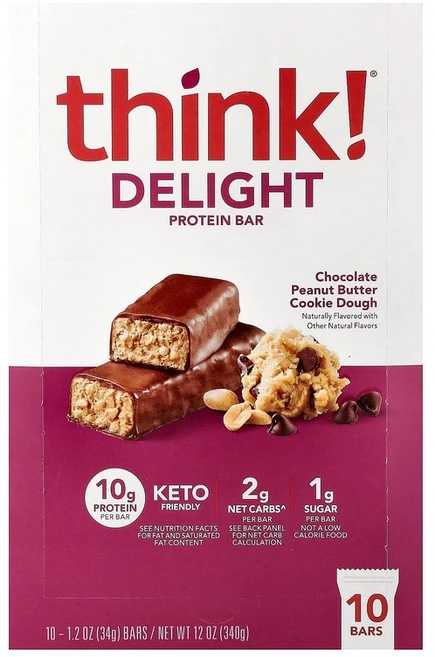 Think 딜라이트 프로틴바 초콜릿 땅콩 버터 쿠키 도우 바 10개 개당 34g(1.2온스), 34g - 쿠팡