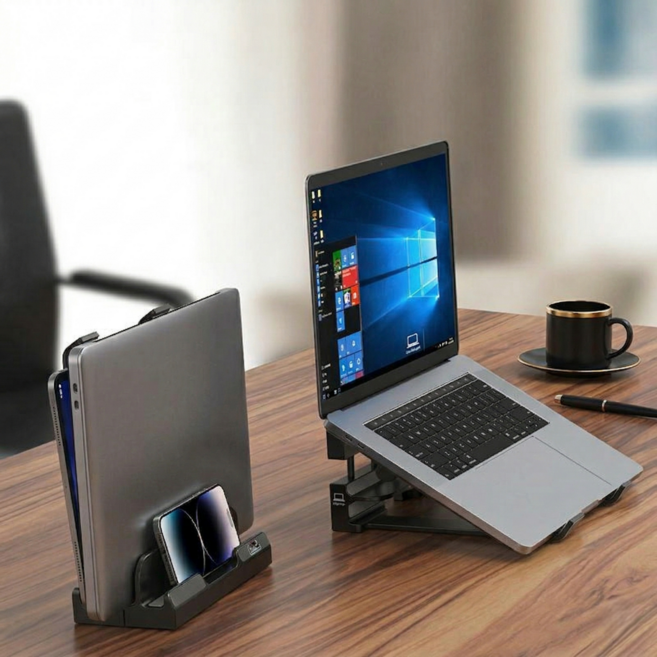 쿤스테이 책상정리 멀티거치 노트북 수직 거치대, 1개, 블랙