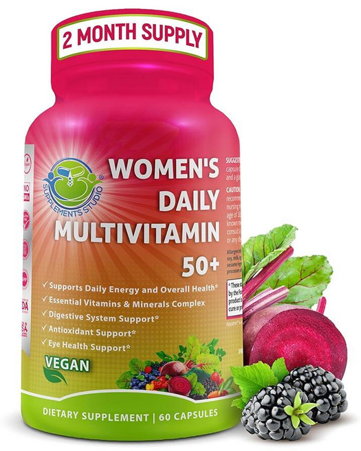SUP 업plements Studio 서플리먼트스튜디오 여성용 철분이 함유된 데일리 멀티비타민 - 비오틴 유기농 슈퍼푸드 B-복합체 프로바이오틱스 효소가 비건 에너지, 여성용 50+ 다림질이 필요 없습니다, 60 Count (Pack of 1), 1개, 60정