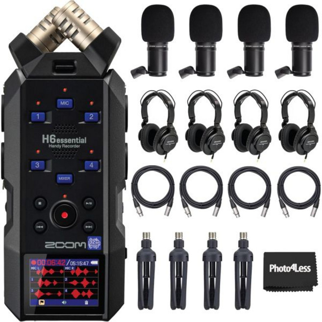 헤드폰 윈드스크린 XLR 케이블 및 탁상용 스탠드가 포함된 4배 줌 ZDM-1 팟캐스트 마이크 팩이 Zoom H6essentic 6트랙 32비트 플로트 휴대용 오디오 레코더 번, 헤드폰 윈드스크린 XLR 케이블 및 탁상용 스탠드가 포
