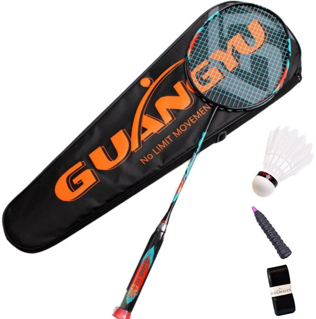 초보자용 풀카본 초경량 8U 64g 배드민턴 라켓 1P+가방1+그립1+라켓 보호 테이프1+셔틀콕1, 1개, 블루+블랙