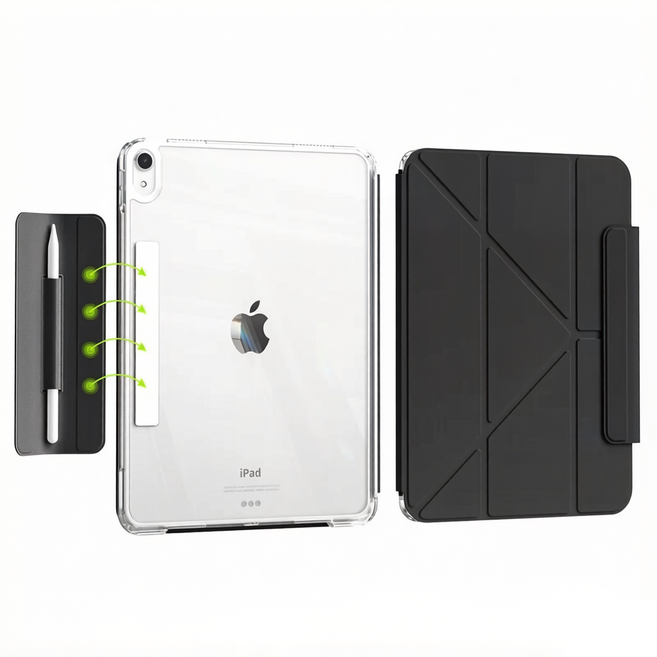 AOUB iPad 보호 케이스 Air 11인치(M4) Y자형 멀티 앵글 접이식 스탠드 iPad10/11/12세대 자석 분할 Pro 11인치 자동 각성 휴면 연필 보관, 검정색, 1개