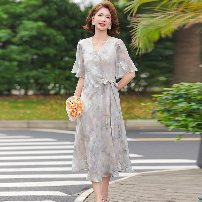 DIU 收腰款女裝大碼休閒中老年短袖雪紡長裙子40-60歲媽媽花裙, 4XL(建議155-165斤)