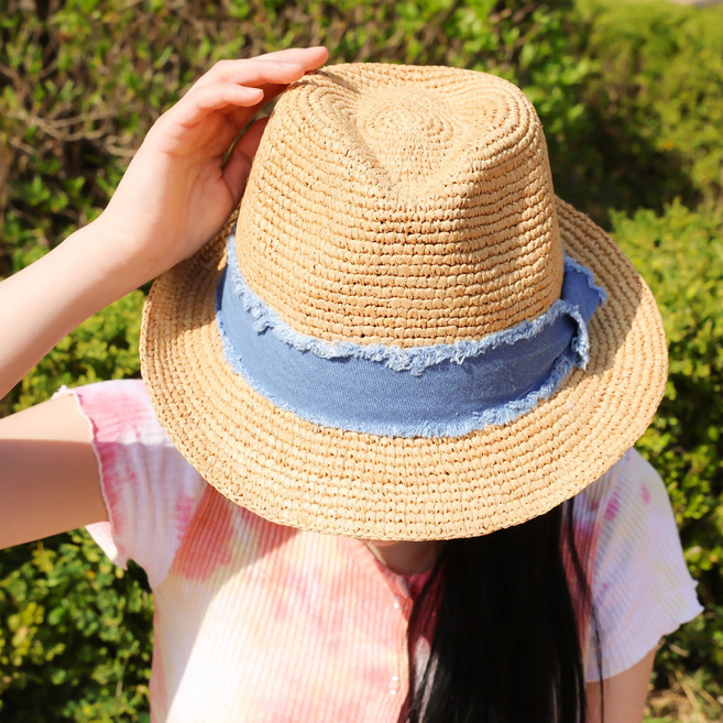 라핑 천연소재 청 중절모 여자 남자 데님 끈 여름 여성 밀짚모자