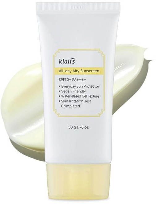 워터리 선크림 클레어 스 klairs All-day 에어리 선 스크린 SPF50+ PA+++ 50g 비누 지워짐 저자극 UV 케어 보습 차단 남성 Sunscreen 얼굴용용, 1개, 1g