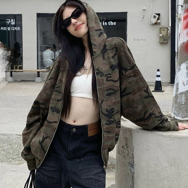 슬림소녀 여성 봄가을 카모플라쥬 후드 아우터 루즈핏 디자인 긴팔 집업 상의