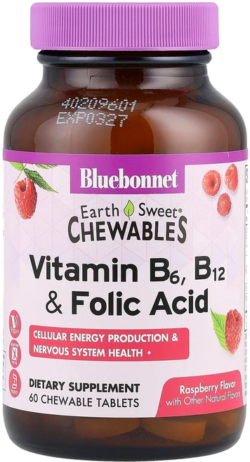 블루보넷 영양 어스 스위트 츄어블 비타민 B6 B12 & 엽산 라즈베리 츄어블 60정, 1개 - 쿠팡