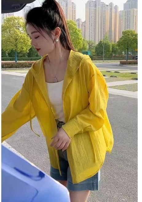 good 休閒連帽防曬襯衫外套女開衫薄款夏季時尚減齡洋氣防曬衣上衣, 黃色,L 60.0-67.5公斤, 黃色