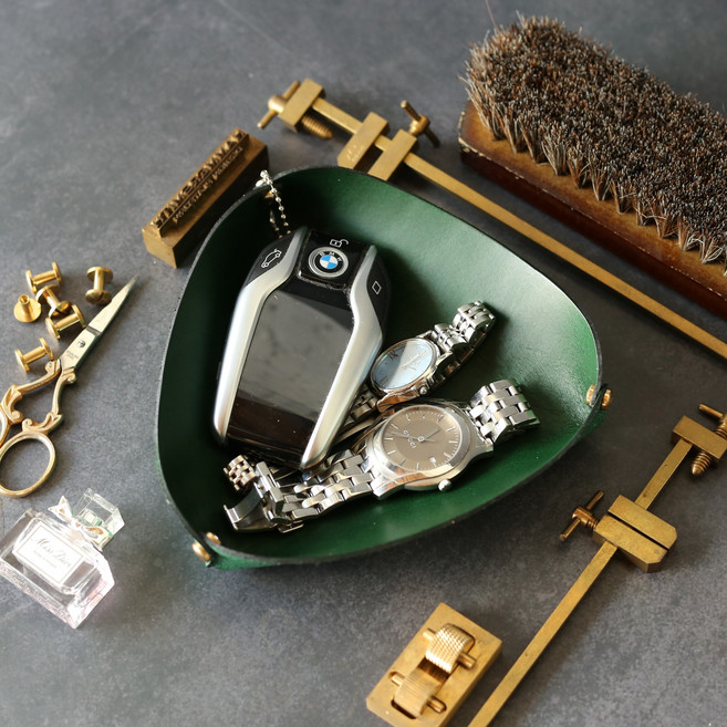 해머스미스 868 가죽 악세사리 차 키 트레이 보석함 데스크테리어 소품 정리함, 그린, 각인 미작업