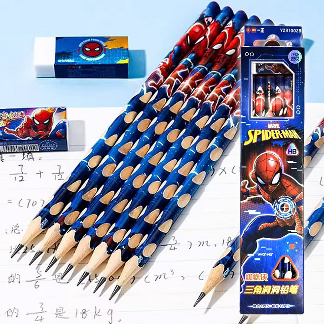 디즈니 스파이더맨 삼각 교정 연필 지우개 세트 HB연필12P 지우개1P 캐릭터 학용품선물, 1개