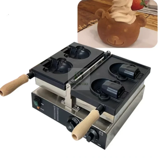 곰 와플 메이커 오픈 입 아이스크림 곰 붕어빵 기계 곰 모양 와플 메이커 기계 베이커 팬케이크 철 프라이, 02 220V, 01 빠른, 02 Electric type