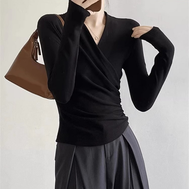 쁘띠꼬모 여성 브이넥 랩 티셔츠 슬림 긴팔티 셔링