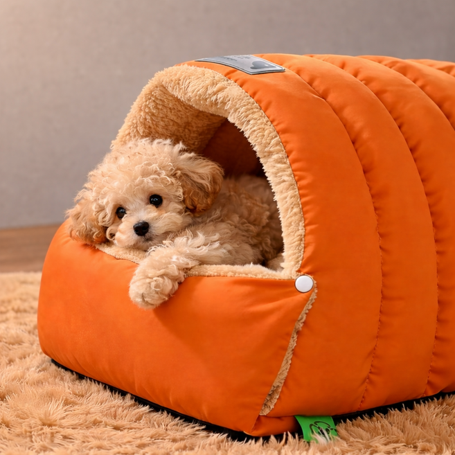 지금도착 아기강아지 아기고양이 하우스 방수 방한 따뜻한 후리스 숨숨집, 1개, 카라멜오렌지