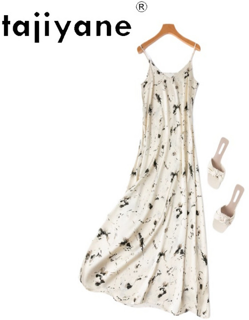 TAJIYANE 93% 진짜 멀 베리 실크 드레스 2025 여성 인쇄 새틴 우아한 긴 캐미솔 의류 платье