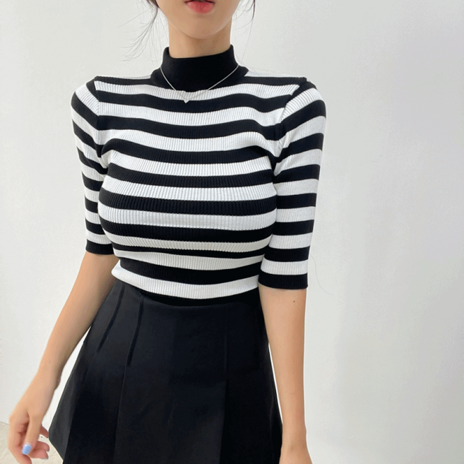 골지 반폴라 스트라이프 5부 이너 니트 티셔츠 5color