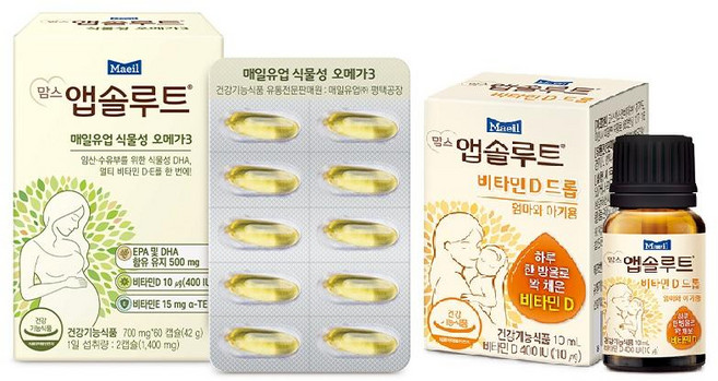 맘스 앱솔루트 2종 (식물성 오메가3 + 비타민D드롭) 52g 건강한 간식 아침대용, 1세트
