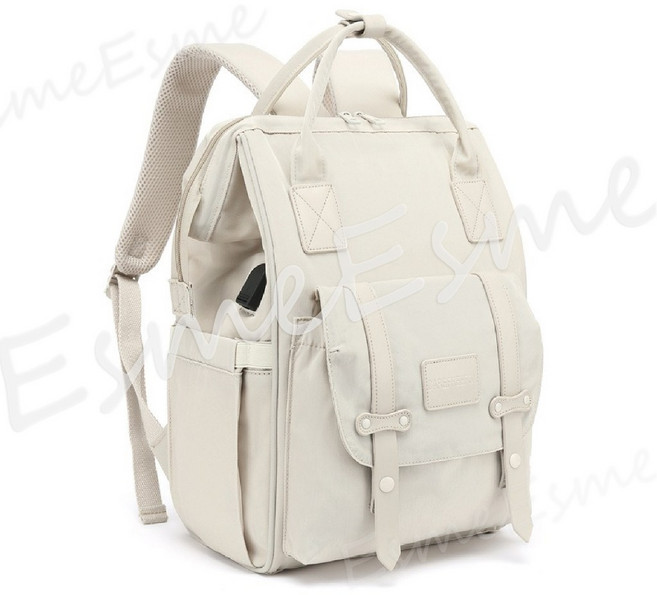 EsmeEsme 大容量媽媽包 多功能防水後背包 USB充電口 可掛嬰兒車 行李箱固定帶 時尚石灰色