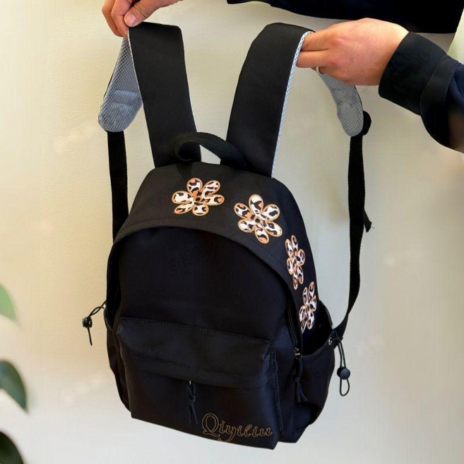 韓系ins花朵刺繡雙肩包 輕便百搭學院風小清新書包, 黑色豹紋花花