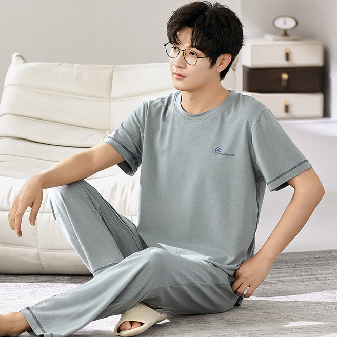 모달 잠옷 남성 반팔 긴바지 여름 라운드넥 얇은 대형 홈웨어 세트 외출용