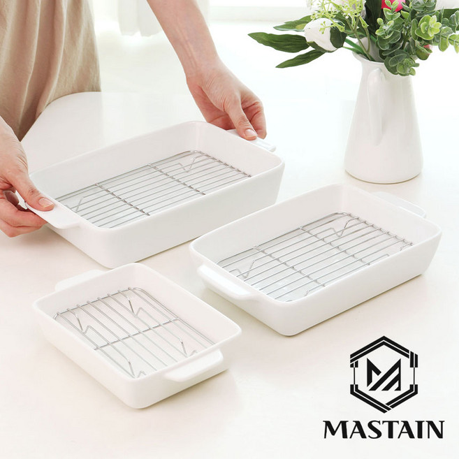 MASTAIN 내열 세라믹 오븐 밧드 에어프라이어 그라탕 용기 그릇 오븐용 트레이, 1세트, M 밧드+M 망