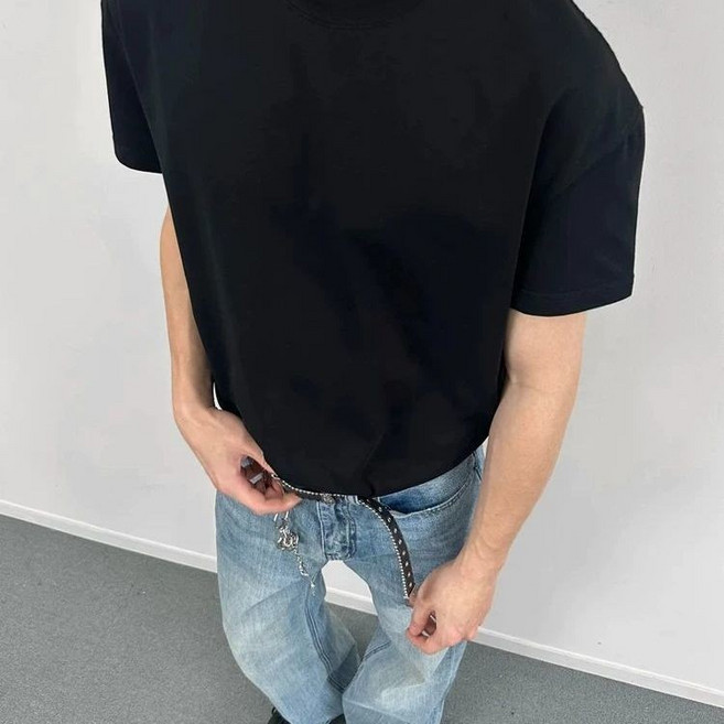 黑色boxy正肩短袖T恤 男女夏季寬鬆解構太空棉五分袖上衣, 黑色两件装,5XL, 黑色两件装