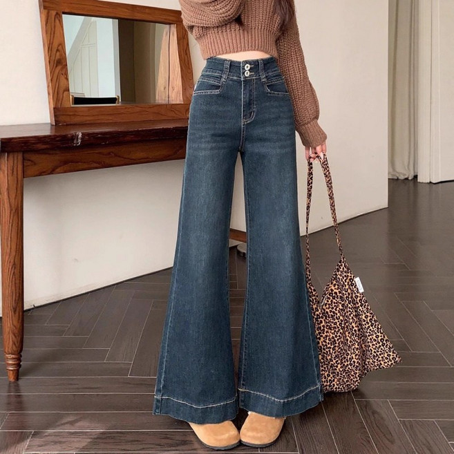 SAHINER 여성 데님 하이웨스트 와이드 부츠컷 팬츠 캐주얼 봄용 바지 BNZ77