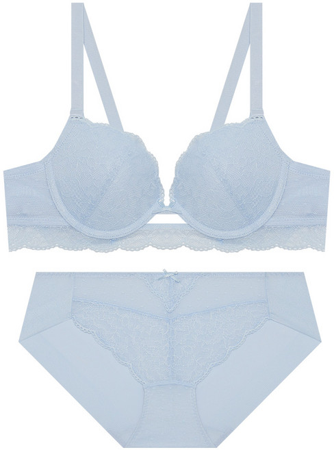 엘르이너웨어 프론트홀 도트 레이스 볼륨 브라 팬티 세트 - 라이트블루