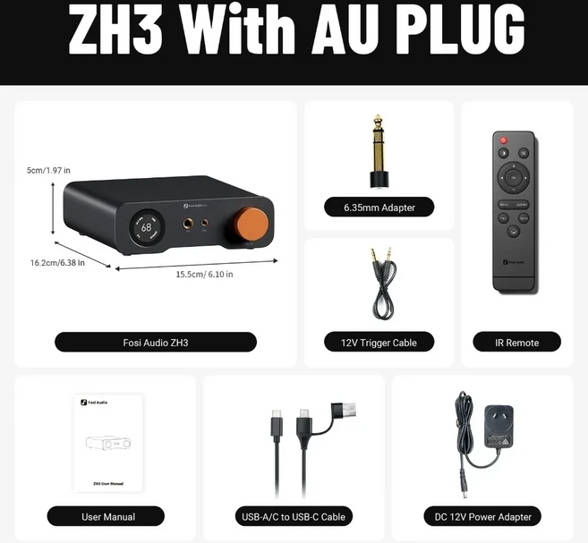 FOSI AUDIO zh3 데스크탑 DAC HIFI 헤드폰 앰프 리모컨 포함 12V 트리거 입력 AKM4493SEQ 완전 밸런스드 프, 01 AU Plug