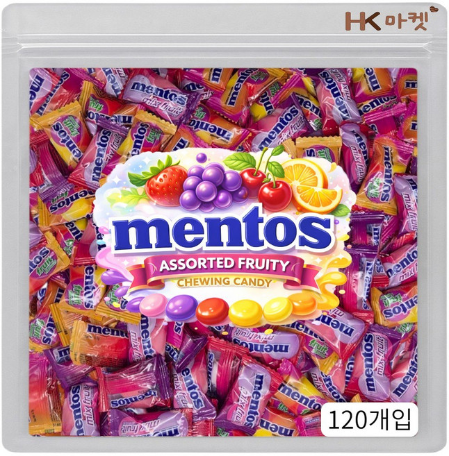 에이치케이마켓 농심 멘토스 어쏘티드 후르티 츄잉캔디 120개입 (딸기 포도 체리 레몬 오렌지), 360g, 1개