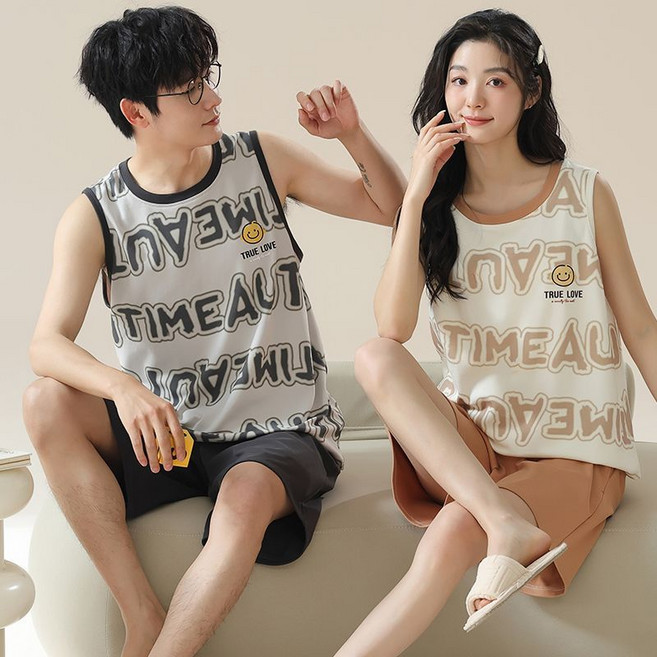 해피유통 여름 러블리 커플 잠옷 순면 민소매 나시 빅사이즈 캐주얼 실내복 세트 SHM003