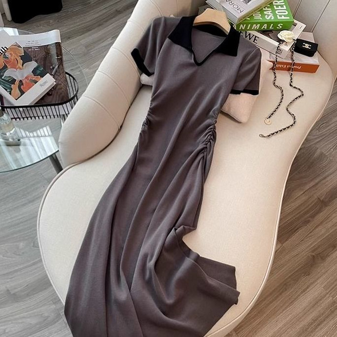 빈티지 여성 여름 폴로넥 반팔 니트 원피스 루즈핏 하이웨스트 a라인 롱 원피스 SYW