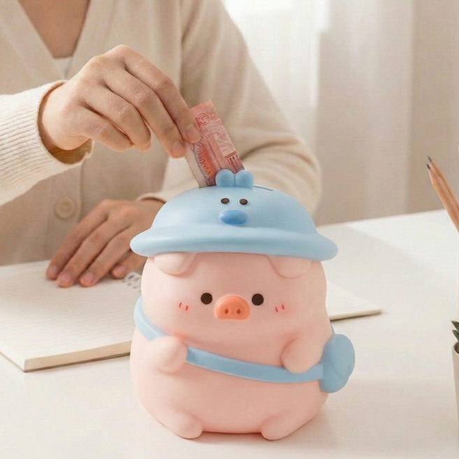 라비노아 저축 습관 인테리어 복을 부르는 돼지 토끼 저금통, 1개, 파란모자(스몰)