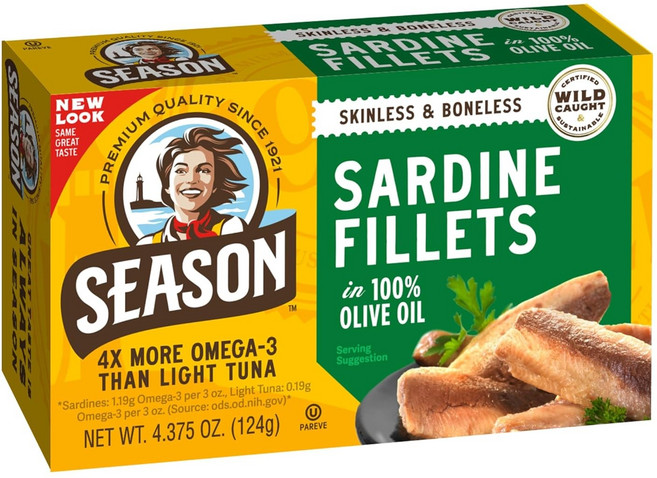 Season 시즌 뼈없는 정어리 통조림 올리브 오일 124g x 12개 묶음