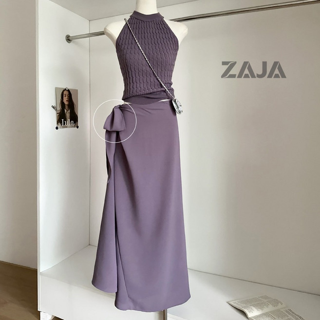 ZAJA 여성 홀터넥 니트 투피스 세트 슬림핏 롱 스커트 데이트룩