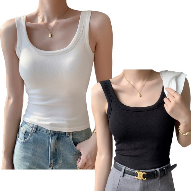 여성 U넥 골지 브라탑 나시티 캡내장 화이트1+블랙1