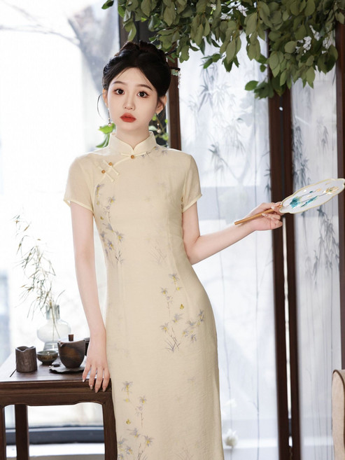 DIU 新中式復古少女國風旗袍春夏季新款改良棉麻旗袍連衣裙, L