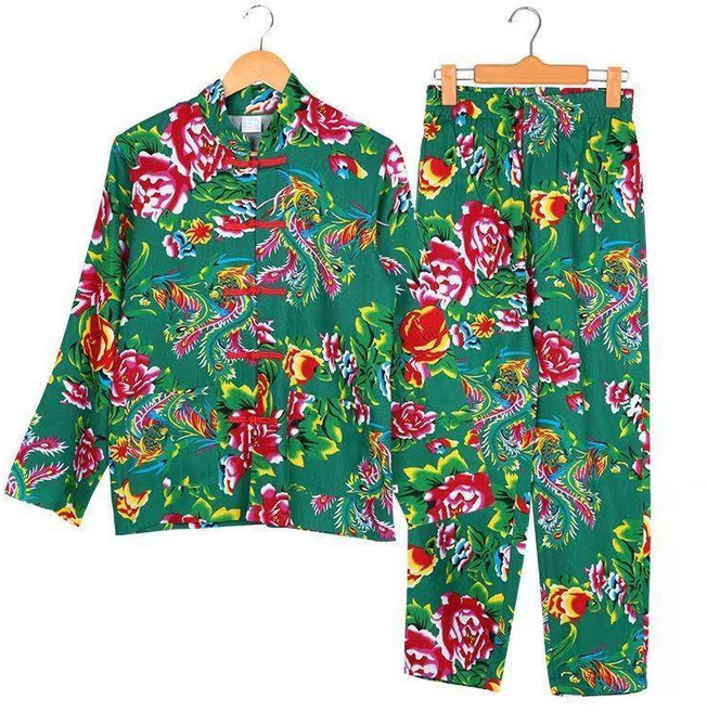 衣服 東北大花佈衣服 複古搞笑姐妹裝 廣場舞蹈秧歌服伴娘網紅年會演齣 衣服, 綠色套裝 上衣+褲子 ,170cm(120-140斤, 綠色, 套裝 上衣+褲子
