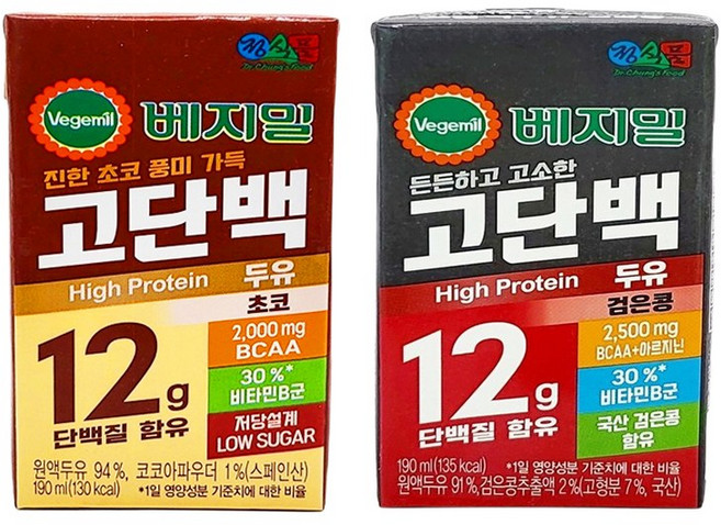 정식품 베지밀 고단백 두유 검은콩 + 초코 혼합구성, 190ml, 12개