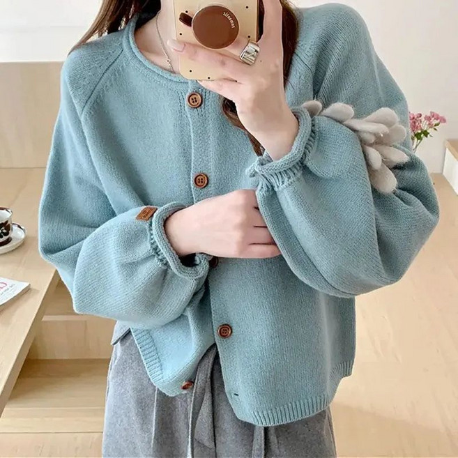 Choyur여성 봄 가을 순면 루즈핏 라운드넥 가디건 벌룬소매 캐주얼 니트wjj