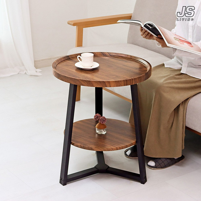 JS리빙 헤일로 쇼파 원목 사이드테이블 거실 2단 협탁 테이블 침대 사이드 테이블 인테리어 정리대 선반 틈새 미니 진열대 티테이블 #원형 @JSCOMPANY-603214UYTRG9