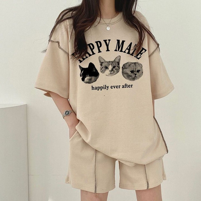 이서어패럴 고양이프린팅 루즈핏 반팔티 상하세트23247