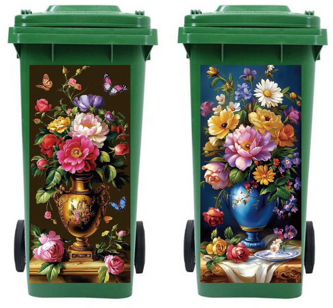 PVC 셀프 접착 스티커 쓰레기통 꾸미기 데칼 독특한 디자인 38x82mm 2장 세트, 복고풍 꽃병