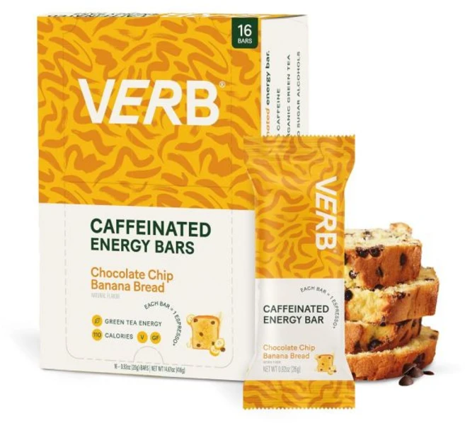 에너지바 Verb Caffeinated Energy Bar 버브 생일 케이크 카페인 스낵 바 110칼로리 저당 케토 비건 녹차 포함 글루텐 프리 26g 16개입, 초콜릿 칩 바나나 빵, 16개(1팩), 1개 - 쿠팡