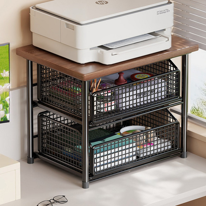 Equator 다용도 서랍형 선반 책상용 프린터 수납대 사무실 복사기 받침대 주방 정리 선반 커피코너 수납 선반 소형 정리대, 1개, 블랙 메쉬+2층 서랍 있음