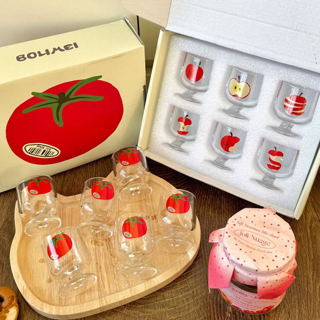 50ml 토마토 소주잔 세트 귀여운 미니 유리잔 6P (선물용 케이스 포함), 6개