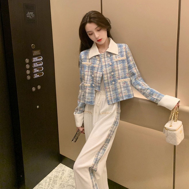 COSYEVNO 봄가을 여성 트위드 세트 모던 시크 고급스러움 상의+와이드팬츠 투피스