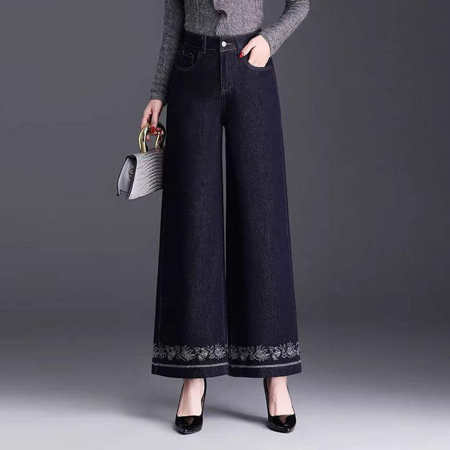 중장년 여성 데님 팬츠 빅사이즈 하이웨스트 루즈핏 일자 와이드 팬츠 봄 가을 여자 청바지 긴바지 YJW