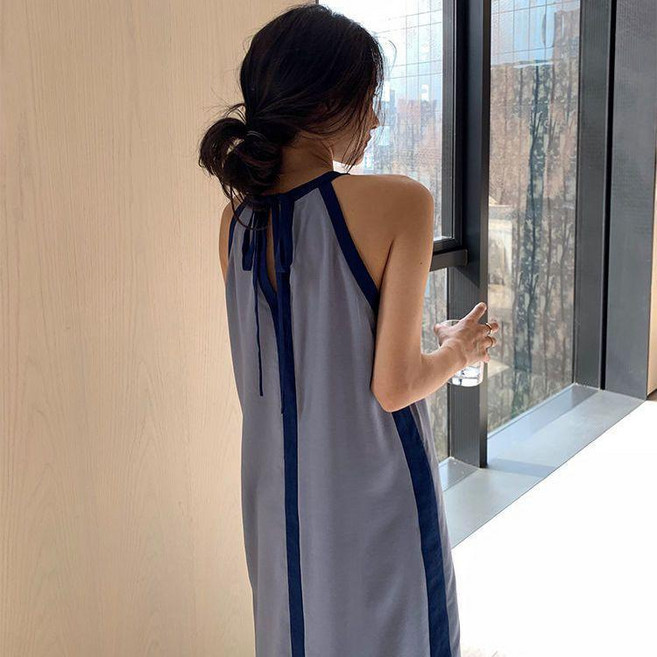 連衣裙 軟妹露肩無袖長款過膝寬鬆胖妹妹顯瘦長裙女夏, 藍色,3XL 【建議85.5-105.0公斤】, 藍色