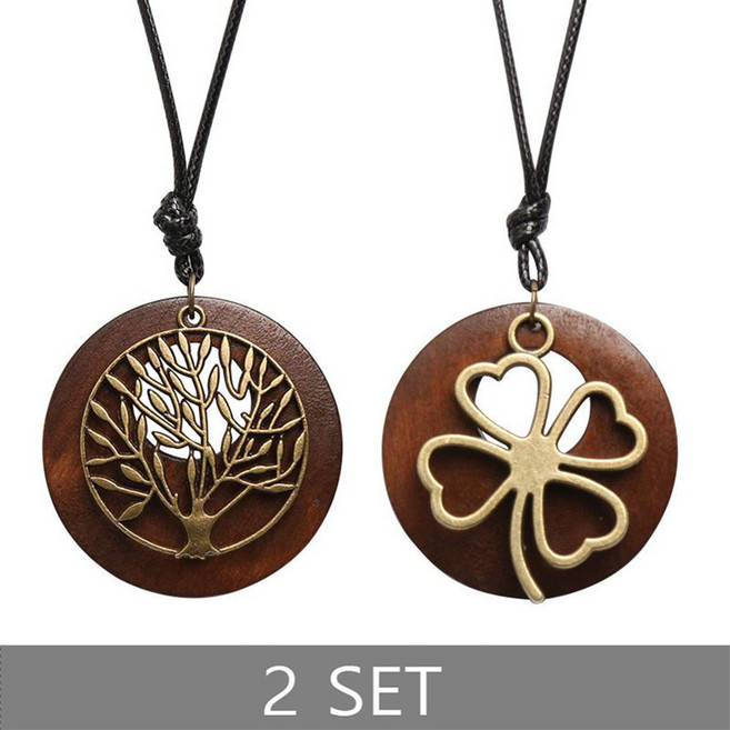 ROYALBELLE 2장묶음 빈티지 나무 장신구 우드 목걸이 롱 스웨터 체인 액세서리 디자인 V90107