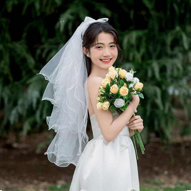 셀프웨딩 리본 면사포 베일 진주 촬영소품 브라이덜 샤워 숏 화이트, 1개, B.리본진주 화이트4단